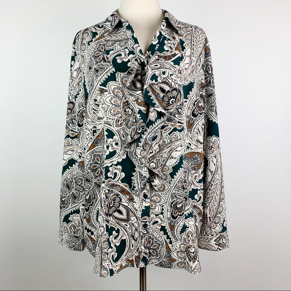 Chico's Paisley Print Blouse - Emerald Green, Tan & Ivory
